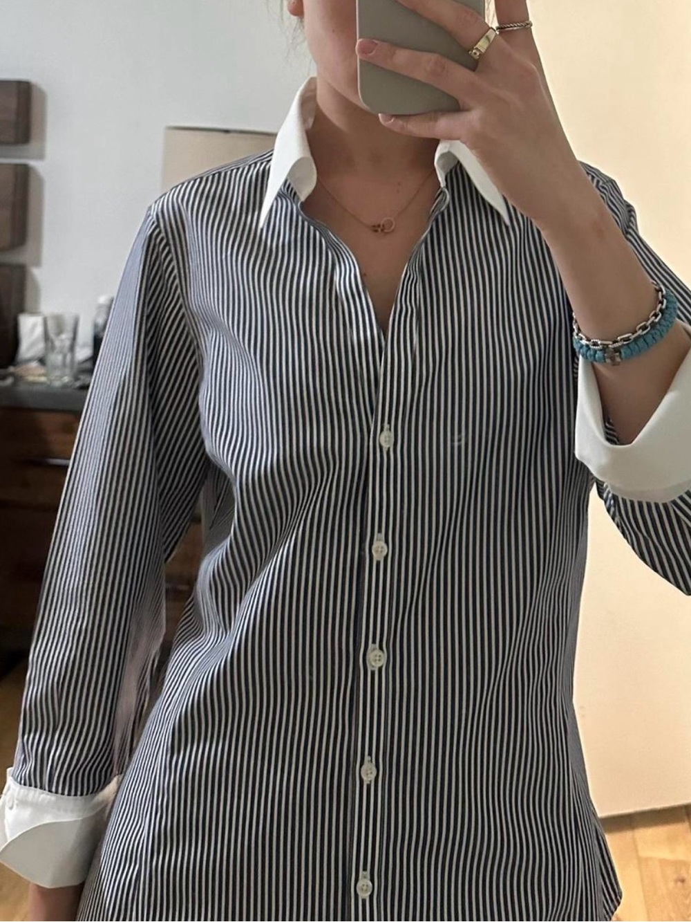 Brooks Brothers Navy and White Pinstripe Button-Down Shirt with Contrast Collar